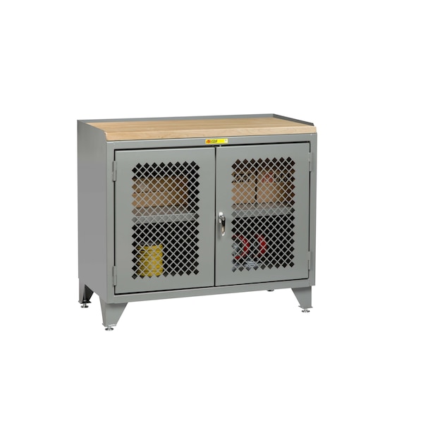 Counter Height Bench Cabinet, 36"W, Perforated Doors, Butcher Block Top